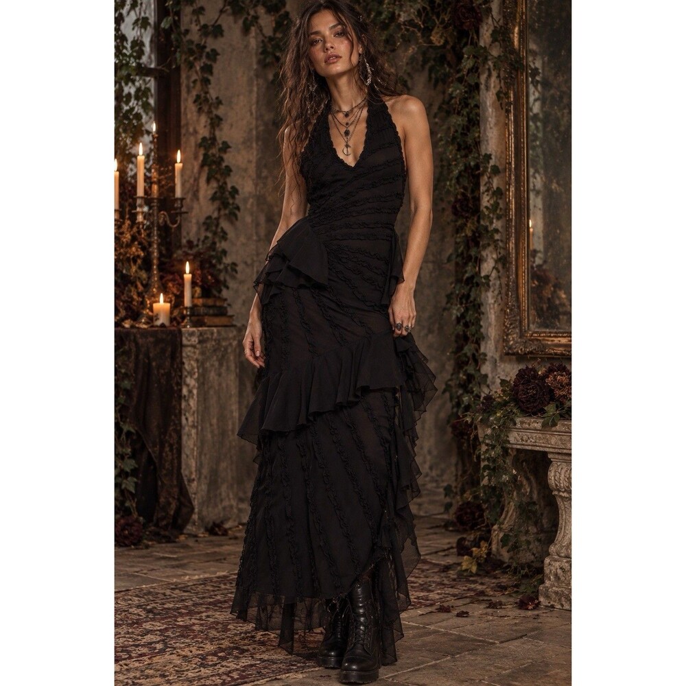 Topshop Black Halter Maxi Dress Ruffle Fairy Grunge Whimsigoth Gothic Y2K Size 2